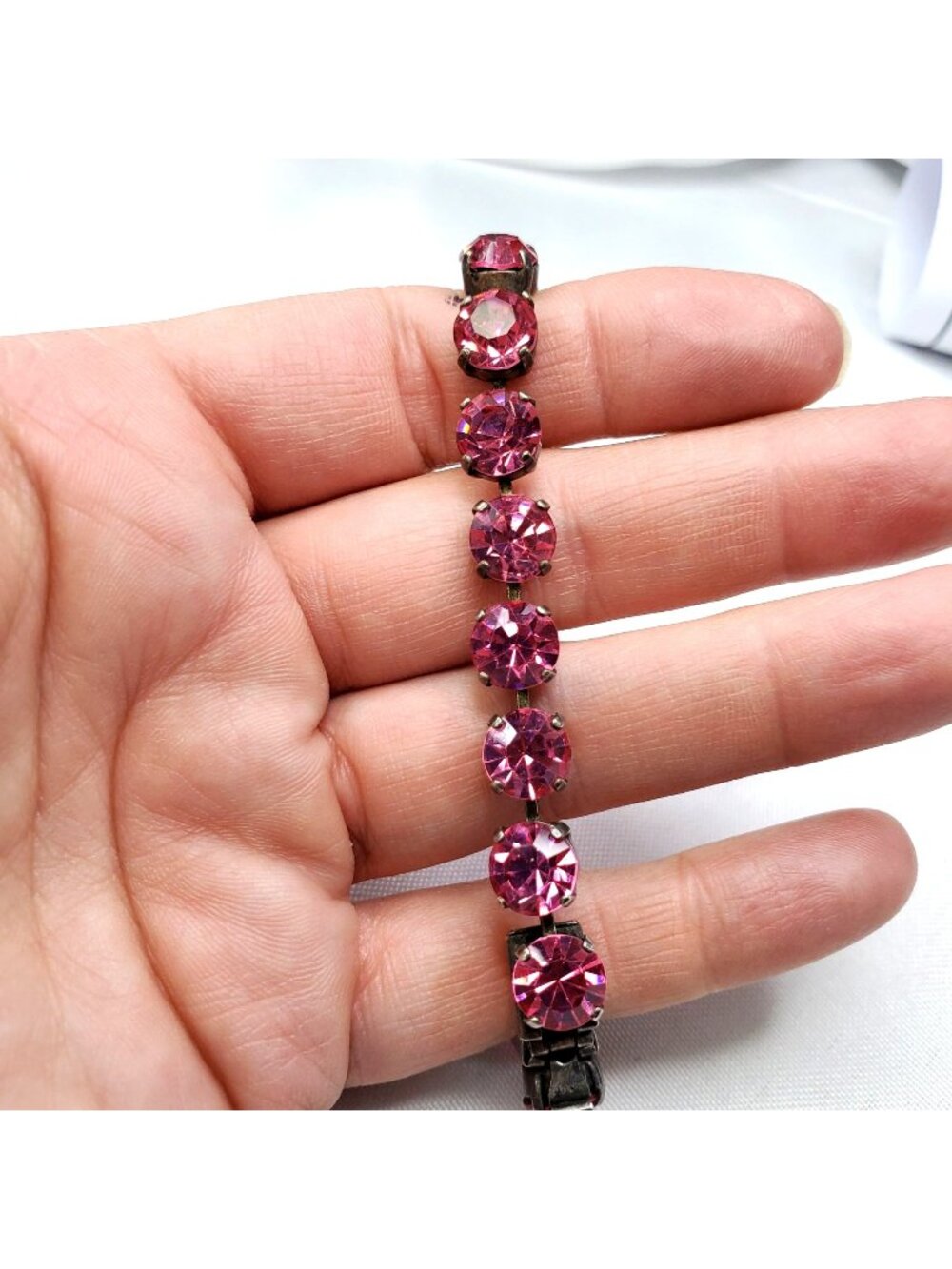 VTG Sparkling Pink Crystal Rhinestone Tennis Bracelet Prong Set 7 inches